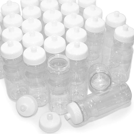 Rolling Sands USA Made 24 Ounce Sports Water Bottles - 100 Pack BPA-Free Blank Plastic Bottles for Group Use, Fitness Classes & Events - Translucent Clear Bottle/White Lid