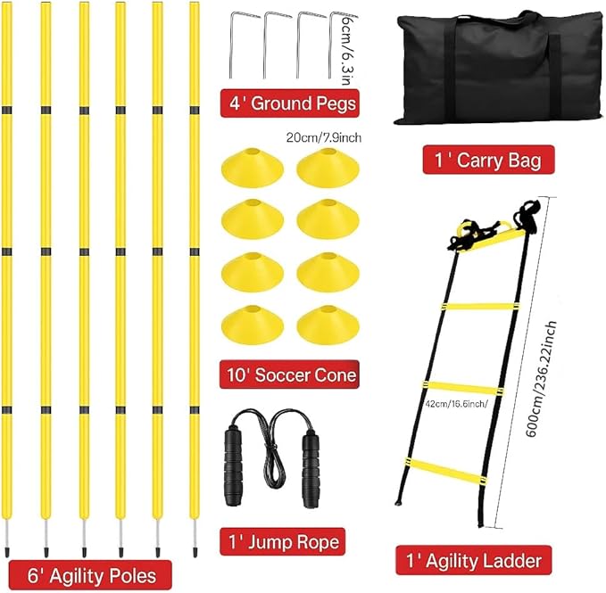 Soccer Agility Training Equipment, 6 Adjustable Soccer Training Agility Poles, 1 Speed Agility Ladder,10 Soccer Agility Cones for Training, 1 Jump Rope + Storage Bag for Youth Soccer Drills