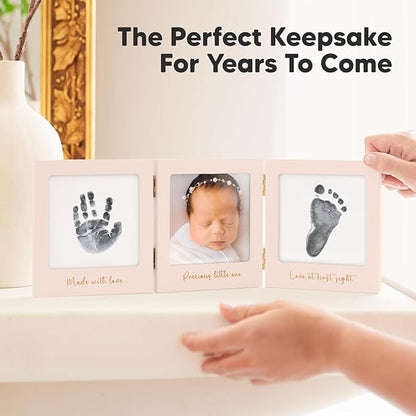 Inkless Baby Handprint and Footprint Kit for Newborn - Baby Footprint Kit, Newborn Keepsake Nursery Picture Frame,Dog Paw Print Maker,Personalized Gifts for New Mom,Showers & Registry(Petal Pink/Gold)