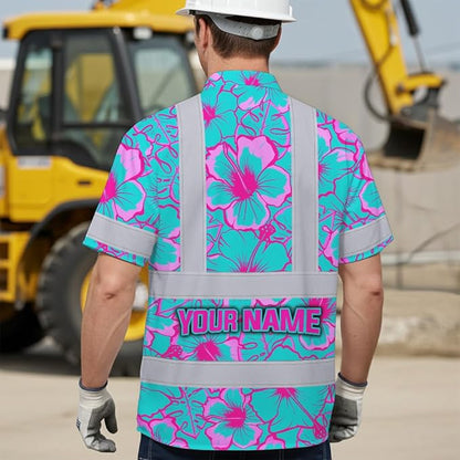 High Visibility Hawaiian Shirt for Men Tropical Shirts Custom Name Floral Outfit Reflective Safety Workwear