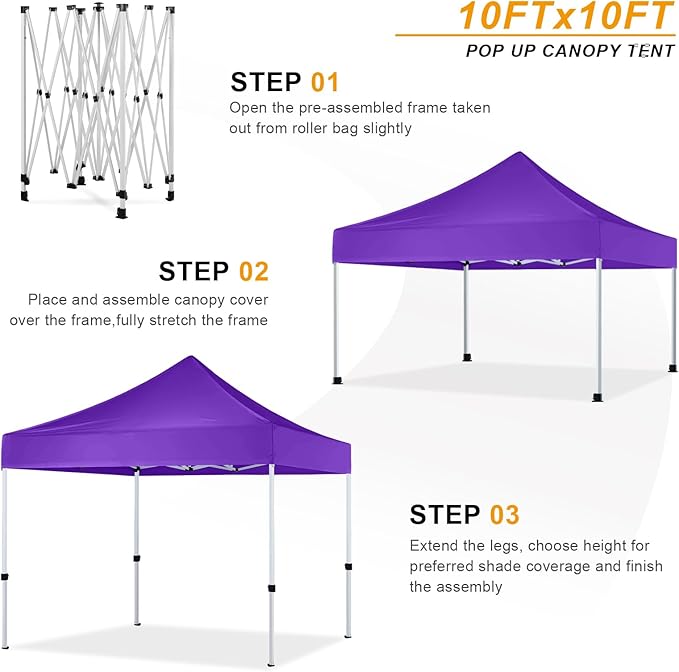 10x10 Pop Up Canopy Tent for Outdoor Commercial Instant Sun Shelter,Purple