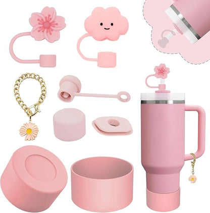 Stanley Cup Accessories Set,Including 2 Pcs 0.4in Straw Cover, 1 Silicone Spill-Proof Stopper Set of 3, 1 Cute Flowers Handle Charm, 1 Silicone Boot Fits Stanley 40&30 Oz Tumbler (Pink 2.0)