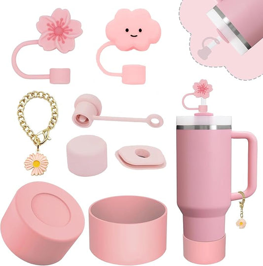 Stanley Cup Accessories Set,Including 2 Pcs 0.4in Straw Cover, 1 Silicone Spill-Proof Stopper Set of 3, 1 Cute Flowers Handle Charm, 1 Silicone Boot Fits Stanley 40&30 Oz Tumbler (Pink 2.0)