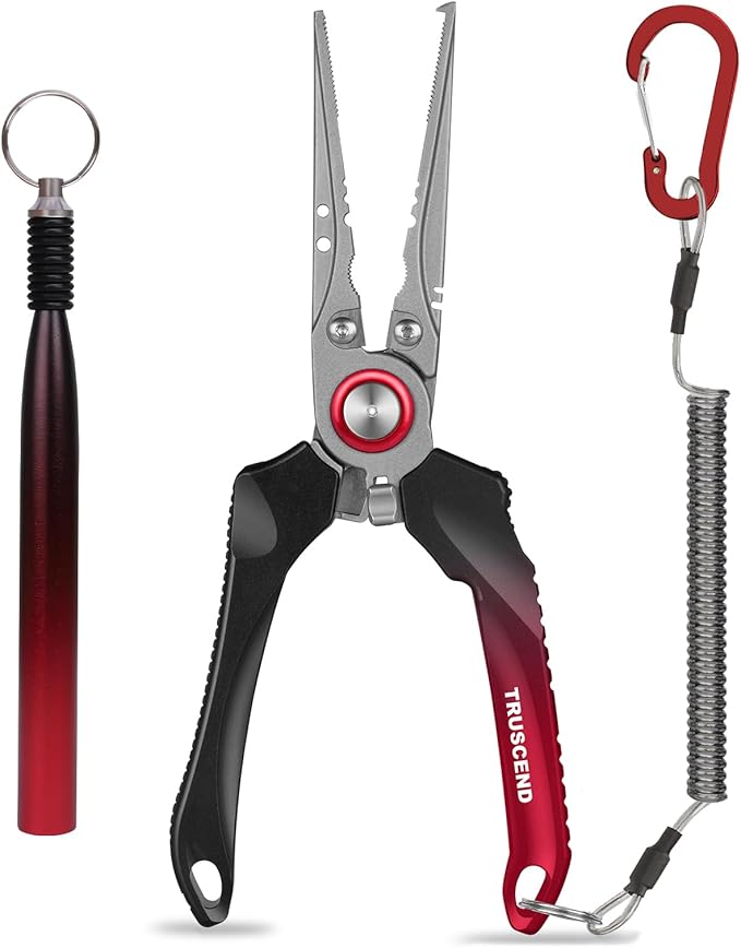 TRUSCEND Lockable Handy Fishing Pliers with Innovative Ergonomic Handle, Saltwater Corrosion Resistant Teflon Coated Fishing Tool, Multi-Function Fishing Gear with Mo-V Cutter