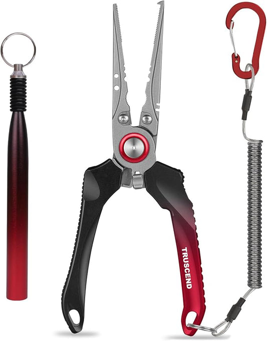 TRUSCEND Lockable Handy Fishing Pliers with Innovative Ergonomic Handle, Saltwater Corrosion Resistant Teflon Coated Fishing Tool, Multi-Function Fishing Gear with Mo-V Cutter