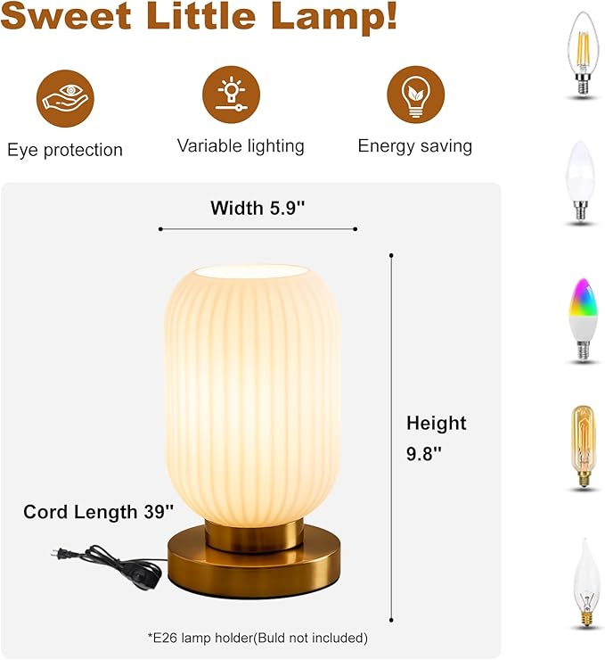 Modern Ribbed Glass Table Lamps Mid Century Bedside Light Small Nightstand Lamp with Plug-in Style, E26 Ambient Lighting for Bedroom Living Room Tabletop, Milky White