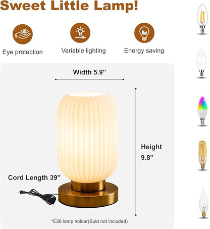 Modern Ribbed Glass Table Lamps Mid Century Bedside Light Small Nightstand Lamp with Plug-in Style, E26 Ambient Lighting for Bedroom Living Room Tabletop, Milky White