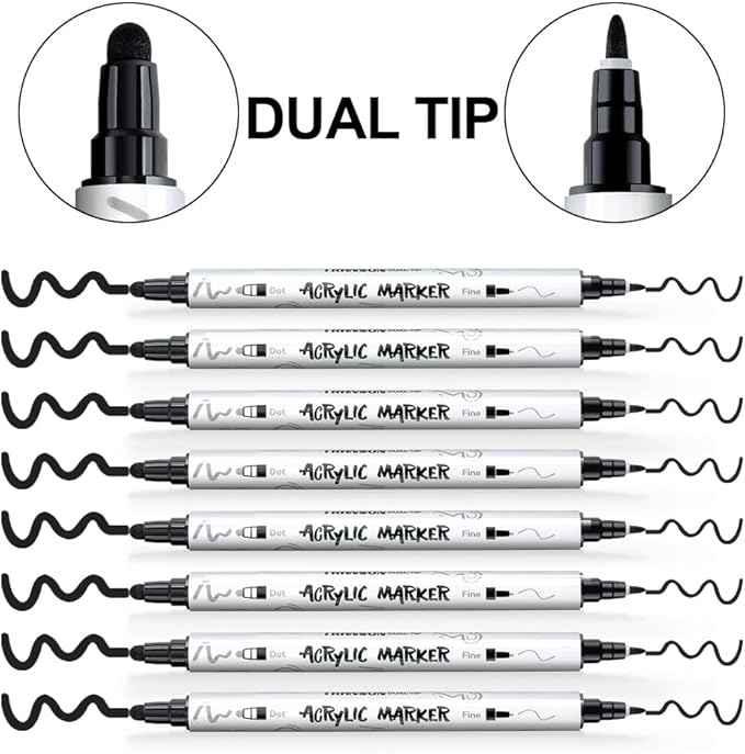 TRANSON 8 Pack Black Bold and Fine Dual-tip Acrylic Paint Marker for DIY Glass Canvas Wood Leather Ceramic Rock Painting