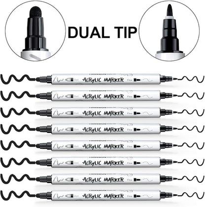 TRANSON 8 Pack Black Bold and Fine Dual-tip Acrylic Paint Marker for DIY Glass Canvas Wood Leather Ceramic Rock Painting