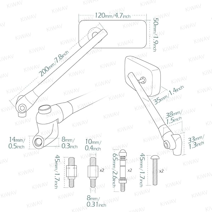 KiWAV Motorcycle Mirrors Rectangular ClassicPlus Polished Chrome Convex Aspherical Anti-Glare Blue Tinted Longer Stem 10mm 5/16 Inches Adapters for Cafe Racer Bobber Chopper Road Bike Pack of Pair