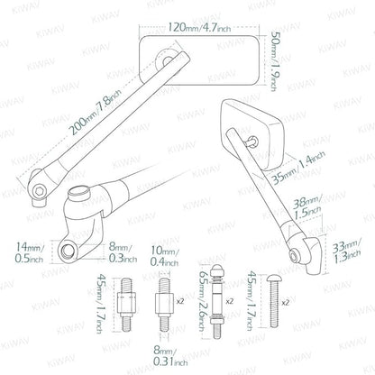KiWAV Motorcycle Mirrors Rectangular ClassicPlus Black Convex Aspherical Anti-Glare Blue Tinted Glass Longer Stem 10mm 5/16 Inches Adapters for Cafe Racer Bobber Chopper Road Bike Pack of Pair