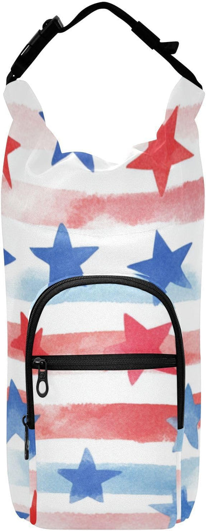 July 4th Stripes Stars White Water Bottle Holder with Strap Insulated Water Bottle Carrier Crossbody Bags Pouch with Phone Pocket for Travel Gym Hiking Walking Running