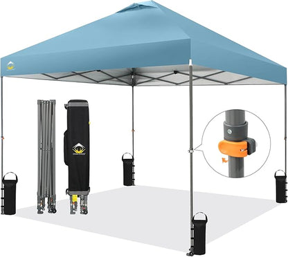 CROWN SHADES Adjustable Height on The Fly, 10x10 Pop Up Canopy - Beach Tent with One Push Setup - Easy Outdoor Sun Shade for Events, Parties, Camping - Outside Shade with STO-N-Go Bag, Cyan Blue