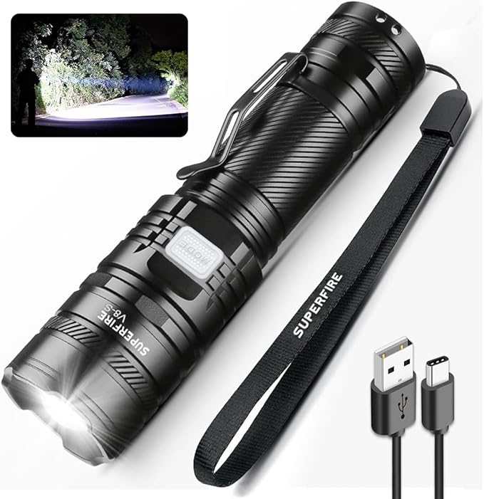 SuperFire Tactical Flashlight - 2300 Lumens Rechargeable LED Flashlight | 5 Modes & Clip | Long-Lasting & Dependable Light for Mechanics, Hiking, Camping, Emergency, Home Use (V8-S)