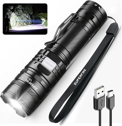 SuperFire Tactical Flashlight - 2300 Lumens Rechargeable LED Flashlight | 5 Modes & Clip | Long-Lasting & Dependable Light for Mechanics, Hiking, Camping, Emergency, Home Use (V8-S)