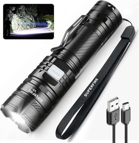 SuperFire Tactical Flashlight - 2300 Lumens Rechargeable LED Flashlight | 5 Modes & Clip | Long-Lasting & Dependable Light for Mechanics, Hiking, Camping, Emergency, Home Use (V8-S)
