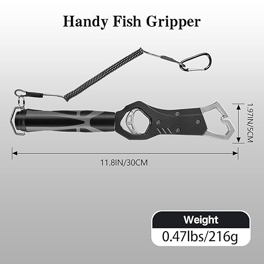 Eupheng 11.8'' Heavy-Duty Fish Gripper with Scale Rustproof Aluminum Body, Non-Slip Rubber Handle, Built-in Weight Estimator & Wrist Lanyard