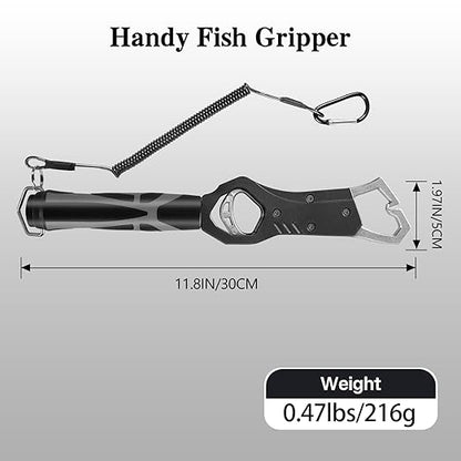 Eupheng 11.8'' Heavy-Duty Fish Gripper with Scale Rustproof Aluminum Body, Non-Slip Rubber Handle, Built-in Weight Estimator & Wrist Lanyard