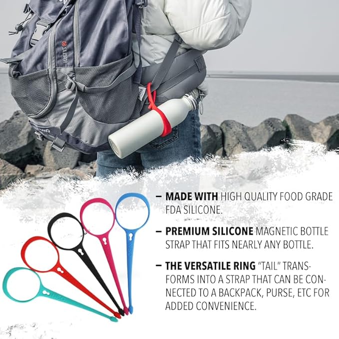 Neo Magnetic Silicone Ring Strap for Water Bottle - Water Tumbler Strap Versatile Sports Bottle Ring - Water Bottle Carrier Strap for Gym, Backpack, Belt, Hiking, Outdoors & More (Teal)