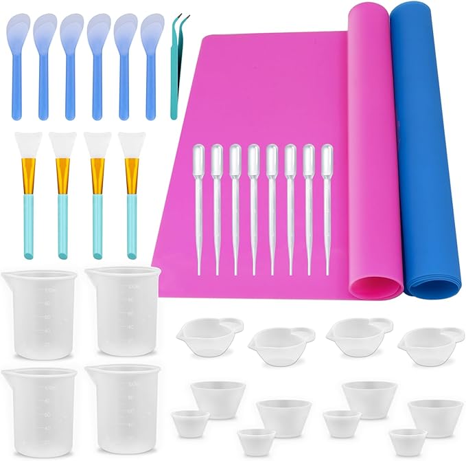 SWIGRANCE Epoxy Resin Mixing Tools Kit 36Pcs, Reusable Soft Silicone Tools, Includes A3 Non-Stick Silicone Mat, Measuring Cups, Dropper Pipettes, Stir Sticks, Brushes, Resin Casting DIY Jewelry Making