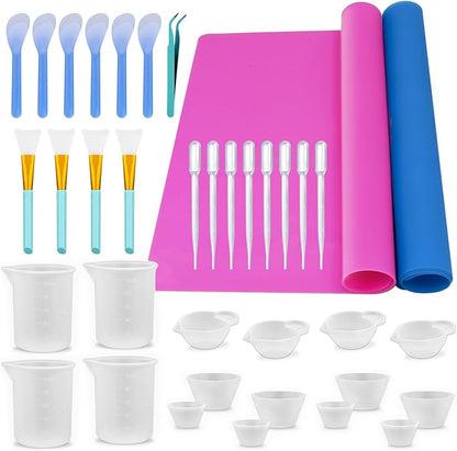 SWIGRANCE Epoxy Resin Mixing Tools Kit 36Pcs, Reusable Soft Silicone Tools, Includes A3 Non-Stick Silicone Mat, Measuring Cups, Dropper Pipettes, Stir Sticks, Brushes, Resin Casting DIY Jewelry Making