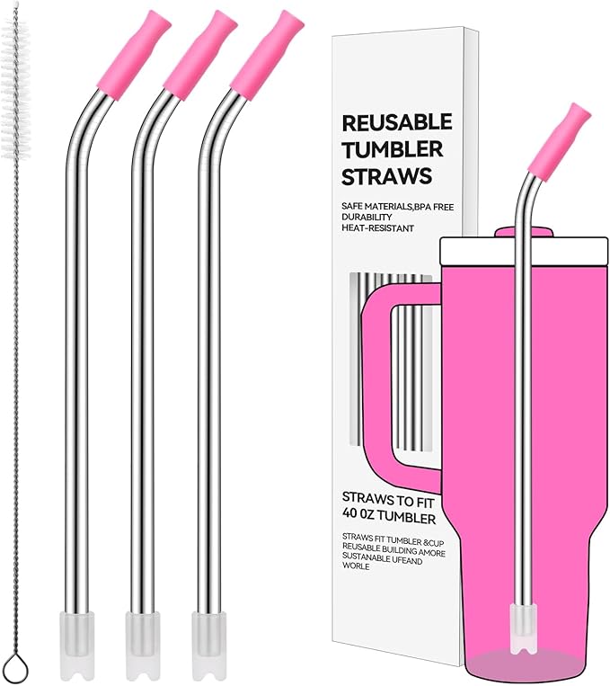 Reusable Stainless Steel Straws with Silicone Tip for Stanley 40oz, Metal Drinking Straws for 40oz Tumbler,3 Bent Tubes & 6 Tips& 1 Cleanr Brush (Vivid Violet)