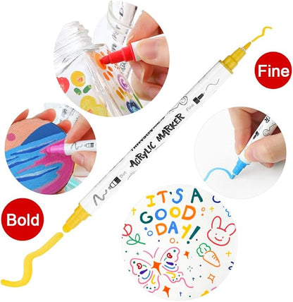 TRANSON 24 Color Bold and Fine Dual-tip Acrylic Paint Pen Set for Canvas Rock Wood Leather Ceramic DIY Painting