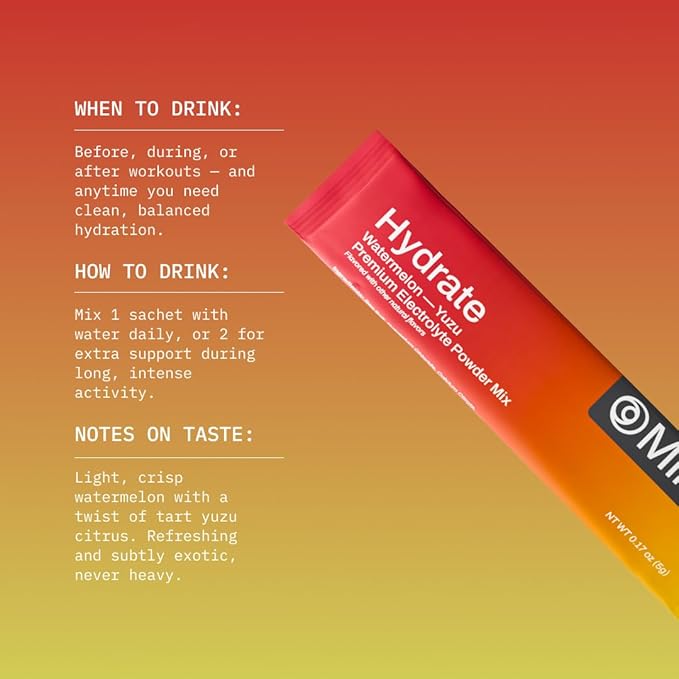 Mikra Hydrate Electrolytes Powder Packets, Sugar Free Hydration Powder Sticks, Naturally Flavored Electrolyte Drink Mix for Needed Hydration Support, Daily Wellness & Workout, Watermelon Yuzu, 24 Pack