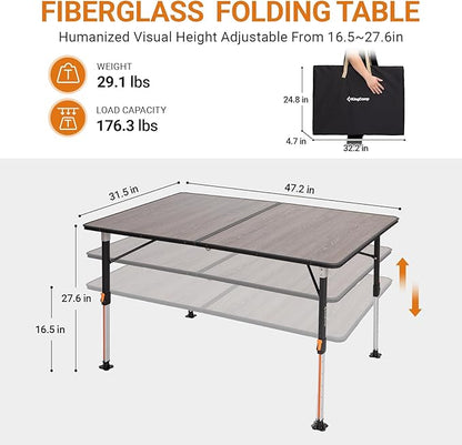 KingCamp Folding Glass Fiber Camping Table, Portable Camp Table with Adjustable Height Aluminum Legs & Carry Bag for Outdoor, Picnic, Beach, Party, Indoor, Use for 4-6 People