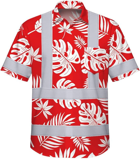 High Visibility Hawaiian Shirt for Men Tropical Shirts Custom Name Floral Outfit Reflective Safety Workwear