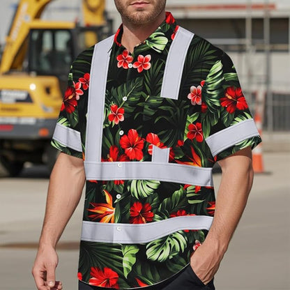 High Visibility Hawaiian Shirt for Men Tropical Shirts Custom Name Floral Outfit Reflective Safety Workwear