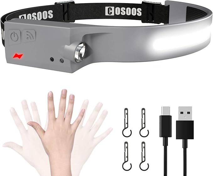 COSOOS Rechargeable Headlamp Flashlight, Bright LED Head Lamp,1000Lumen Flood Light & Spot Light, Motion Sensor,2.4oz Lightweight Headband Headlight for Hardhat, Outdoor Camping Accessories-Grey