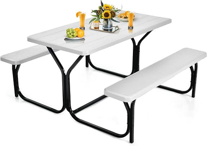 Tangkula Picnic Table Bench Set, Outdoor Picnic Table with 2 Benches, Metal Camping Table with Plastic Wood-Like Texture Tabletop & Steel Frame, Ideal for Picnic, Party, Garden, Lawn (White)