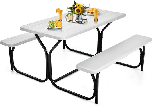 Tangkula Picnic Table Bench Set, Outdoor Picnic Table with 2 Benches, Metal Camping Table with Plastic Wood-Like Texture Tabletop & Steel Frame, Ideal for Picnic, Party, Garden, Lawn (White)