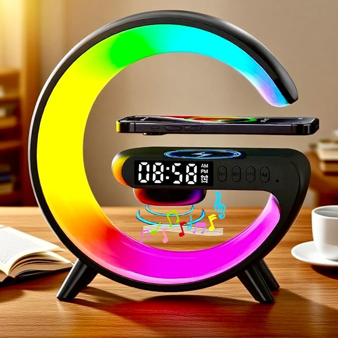LED Table Lamp with Wireless Charger, G Shaped Night Light Lamp with Bluetooth Speaker, Sunrise Alarm Clock, Smart Mini Atmosphere Lamp for Bedroom, Office, Living Area (Black)