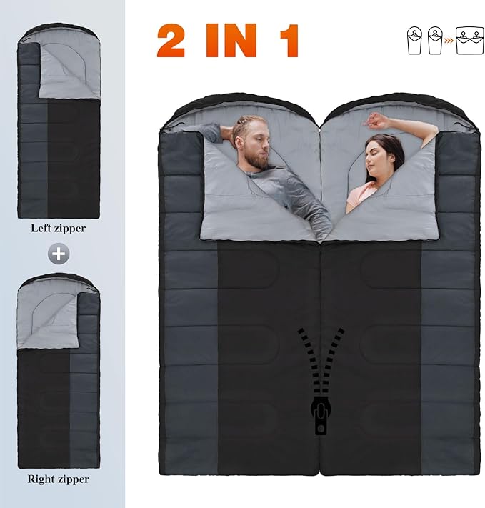 XL 10 Degree Sleeping Bags Waterproof for Adults 350GSM Machine Washable with Compression Sack for 3-4 Season Camping Outdoor