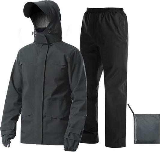 iCreek Rain Suit Waterproof Jacket with Pants 2 Pieces Breathable Lightweight Packable Raincoat with Hooded Rain Gear Unisex