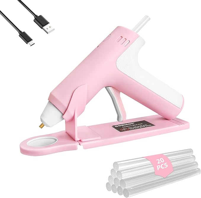 DOMINOX 4V Cordless Hot Glue Gun with 20 Glue Sticks, 25s Fast Preheating, 2000mAh Type-C Rechargeable, Smart-Power-Off, for Art, Craft, DIY, Home Repairs, Pink