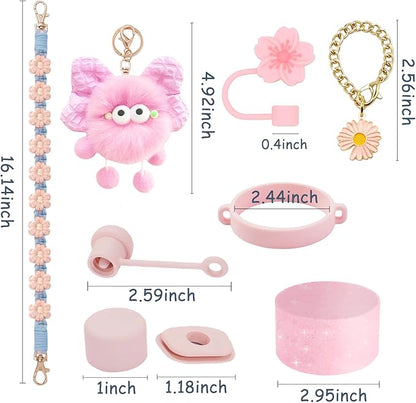 Stanley Cup Accessories Set for 40oz & 30oz Tumblers - Handle Strap, Spill-Proof Stopper, Silicone Straw Cover, Boot Base Protector, Keychain & Handle Charms(Pink)