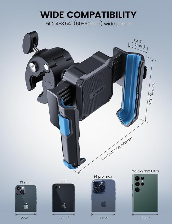 Lamicall Motorcycle Phone Mount Holder - [Camera Friendly] [1s Lock] Bike Phone Holder Handlebar Clamp, Bicycle Scooter Phone Clip, for iPhone Air, 17, 16, 15 Pro Max, Galaxy S25, 4.7-7" Phones, Blue
