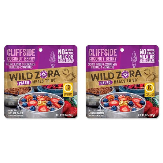 Wild Zora Paleo Freeze Dried Meals for Backpacking & Camping - Healthy Gluten Free & Grain Free Camping Meals/Backpacking Food + No Added Sugar - Great for Travel (Cliffside Coconut Berry 2-Pack)