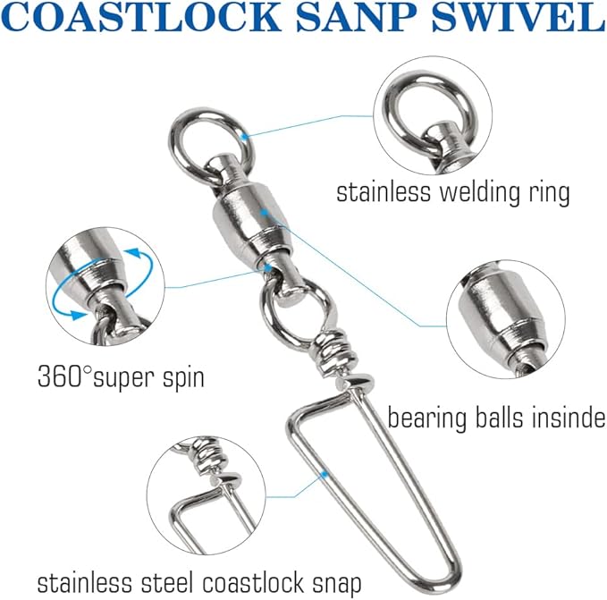AMYSPORTS High Strength Fishing Snap Swivels Ball Bearing Swivels Stainless Fishing Swivels Saltwater Corrosion Resistance Barrel Swivel for Freshwater Fishing