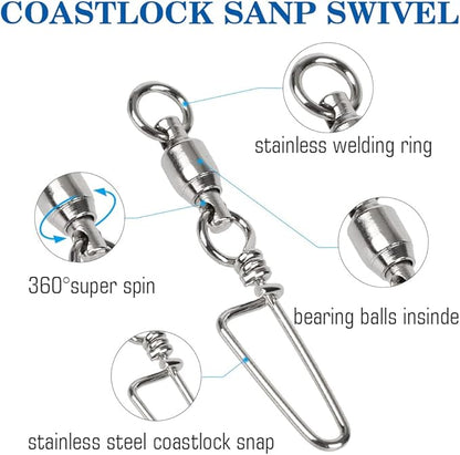 AMYSPORTS High Strength Fishing Snap Swivels Ball Bearing Swivels Stainless Fishing Swivels Saltwater Corrosion Resistance Barrel Swivel for Freshwater Fishing
