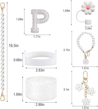 Stanley Cup Accessories Set - Including Water Bottle Carrying Pearl Strap, Handle Letter Charms Sticker, Silicone Cups Boot Straw Cover for 40oz & 30oz Tumbler Accessory Kit