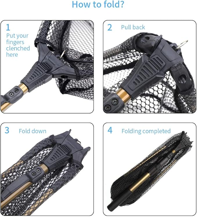 YVLEEN Folding Fishing Net - Foldable Fish Landing Net Robust Aluminum Telescopic Pole Handle and Nylon Mesh 16inch Hoop Size