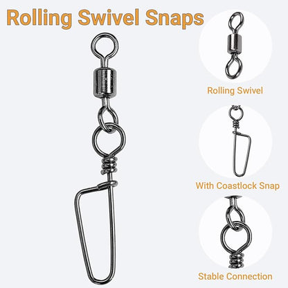 AMYSPORTS High Strength Fishing Snaps Freshwater Barrel Rolling Snap Swivels Steel Lure Connector Fishing Swivel Stainless Black Nickel