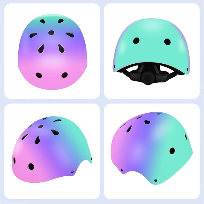 Color Gradient Adjustable Kids Bike Helmet with Knee & Elbow Pads Set | Multi-Sport Safety Gear for Boys & Girls Ages 5-14 | Skateboarding, Scooters, Roller & Inline Skating, Longboarding