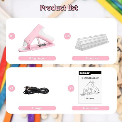 DOMINOX 4V Cordless Hot Glue Gun with 20 Glue Sticks, 25s Fast Preheating, 2000mAh Type-C Rechargeable, Smart-Power-Off, for Art, Craft, DIY, Home Repairs, Pink