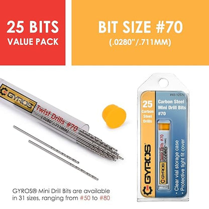 GYROS 25 PCS #70 Micro Drill Bit Set – Small Drill Bits for Jewelry, Plastic, Resin, & Soft Metal – Carbon Steel Wire Gauge Mini Twist Drill Bit Set for Pin Vise Hand Drill & Rotary Tool
