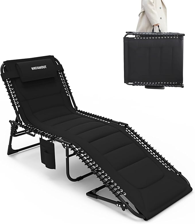 Outdoor Folding Lounge Chair Padded for Adults 264Ibs Patio Chaise Lounge Chair for Outside 5-Position Adjustable Reclining Beach Chair with Pillow Pocket